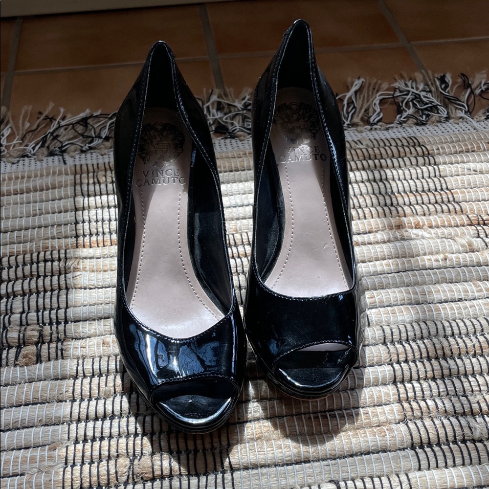 Vince Camuto Glossy Black Peep Toe Heels